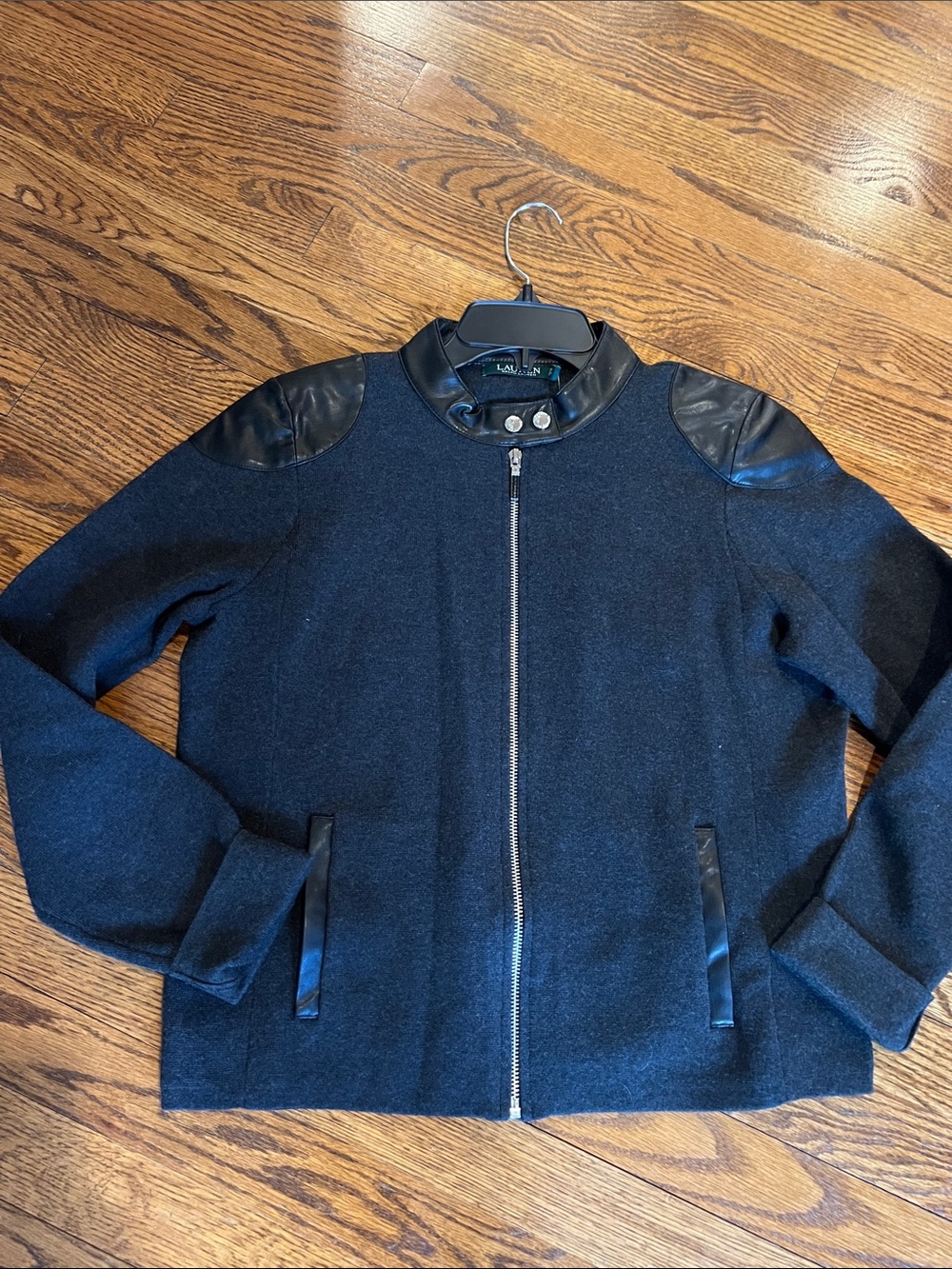 Lauren Ralph Lauren Black Wool-Blend Bomber Jacket with Faux Leather Trim NWT PL